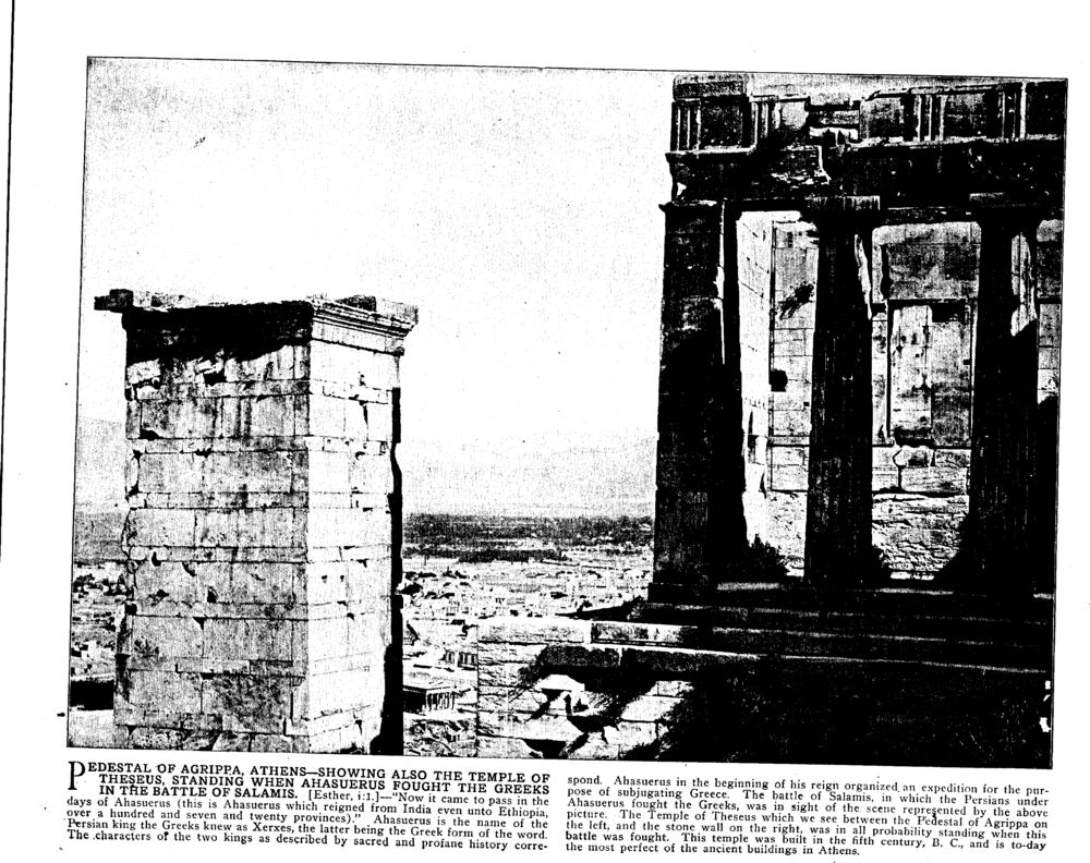 PEDESTAL OF AGRIPPA, ATHENS—SHOWING ALSO THE TEMPLE OF THESEUS, STANDING WHEN AHASUERUS FOUGHT THE GREEKS IN THE BATTLE OF SALAMIS. [Esther, i:1.]
