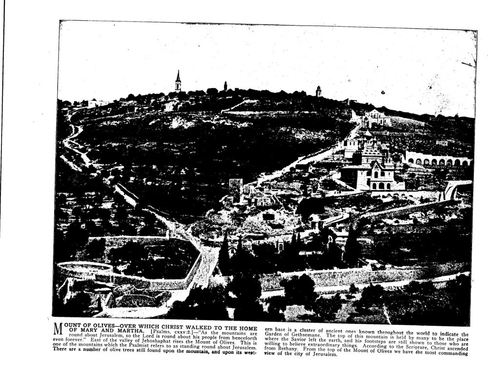 MOUNT OF OLIVES—OVER WHICH CHRIST WALKED TO THE HOME OF MARY AND MARTHA. [Psalms, cxxv:2.]