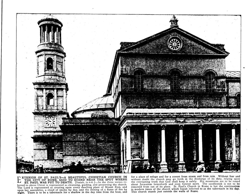 EXTERIOR OF ST. PAUL'S—A BEAUTIFUL CHRISTIAN CHURCH IN THE CITY OF ROME, SAID TO STAND NEAR THE SPOT WHERE ST. PAUL WAS PUT TO DEATH. [Isaiah, iv:4-6..]