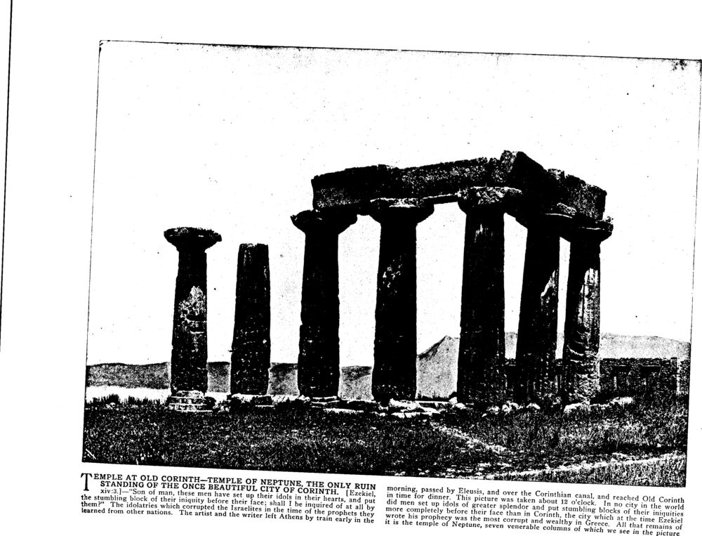 TEMPLE AT OLD CORINTH—TEMPLE OF NEPTUNE, THE ONLY RUIN STANDING OF THE ONCE BEAUTIFUL CITY OF CORINTH. [Ezekiel, xiv:3.]