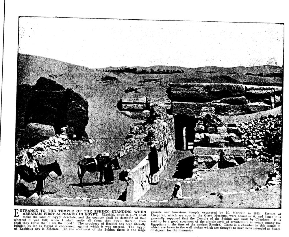 ENTRANCE TO THE TEMPLE OF THE SPHINX—STANDING WHEN ABRAHAM FIRST APPEARED IN EGYPT. [Ezekiel, xxxii:15.]
