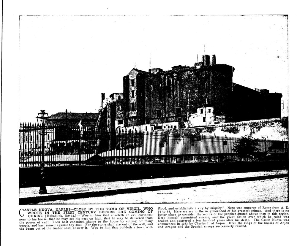 CASTLE NUOVA, NAPLES—CLOSE BY THE TOMB OF VIRGIL, WHO WROTE IN THE FIRST CENTURY BEFORE THE COMING OF CHRIST. [Habakkuk, ii:9-12.]